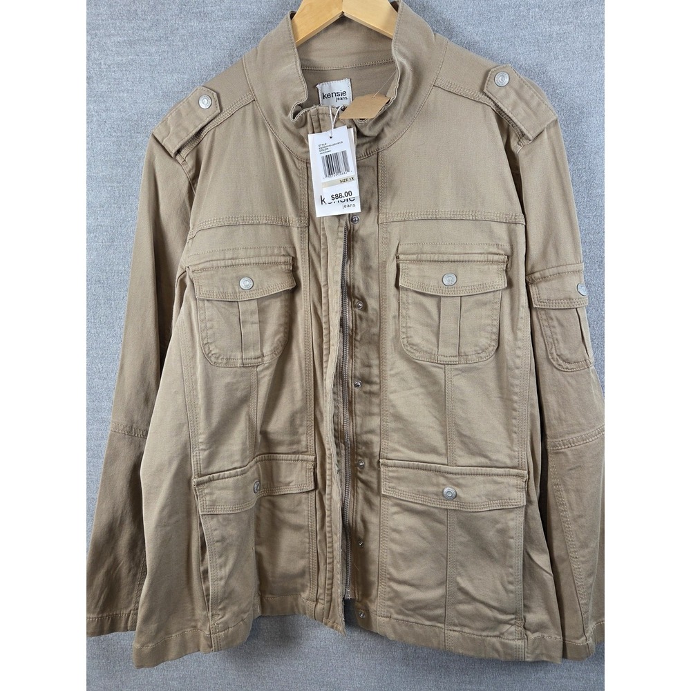 Kensie Jeans Utility Jacket 1X Safari Military Full Zip Pockets Pale Khaki NEW